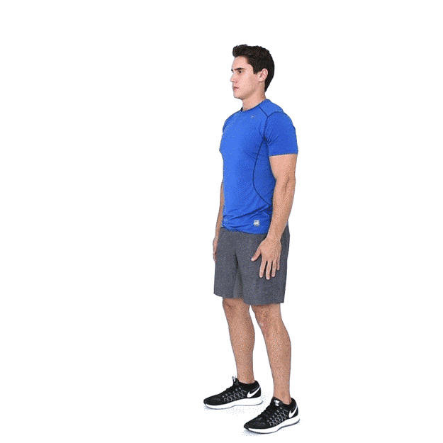 起始姿势:站直,双脚分开,距离介于肩宽与臀宽之间.